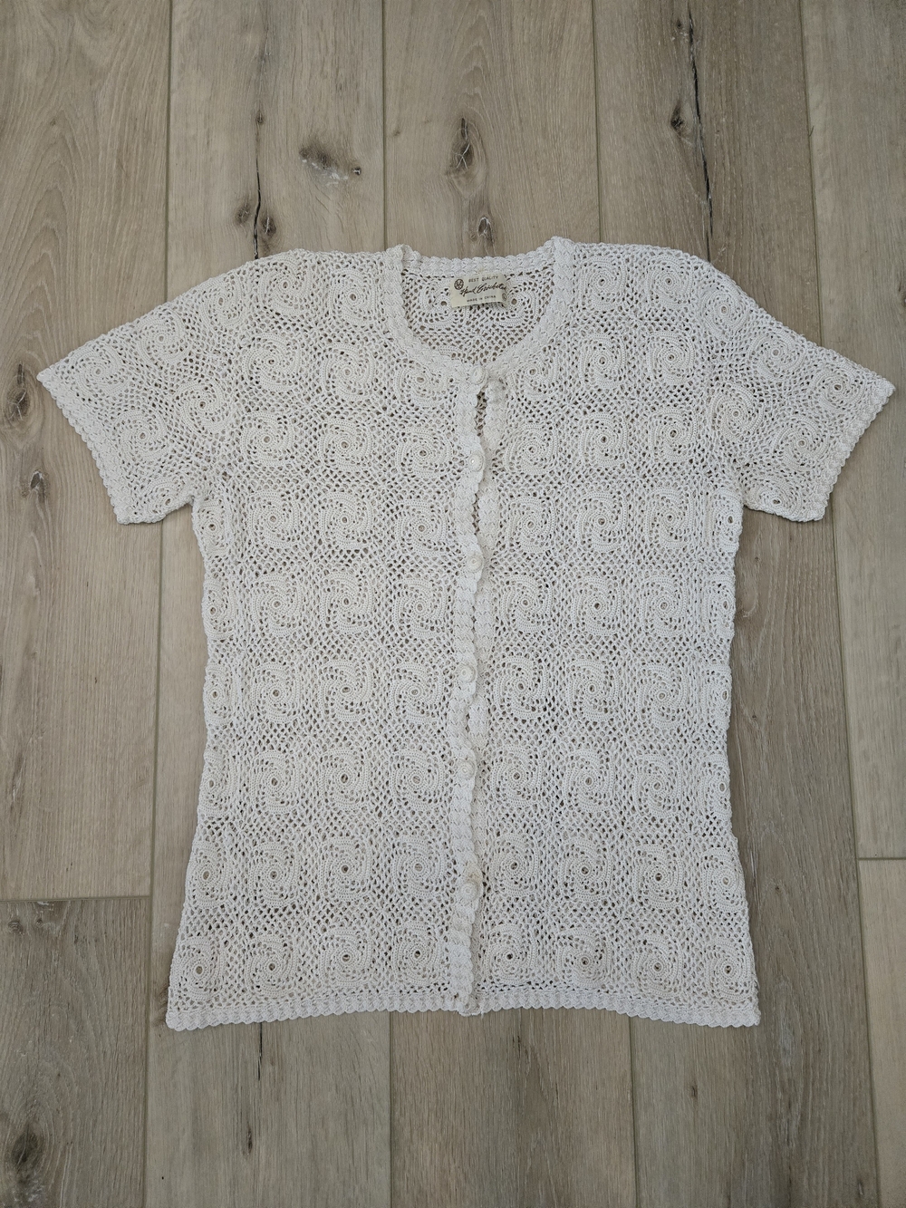 Vintage White Crochet Open-Knit V-Neck Button Front Cardigan Sweater Women's L